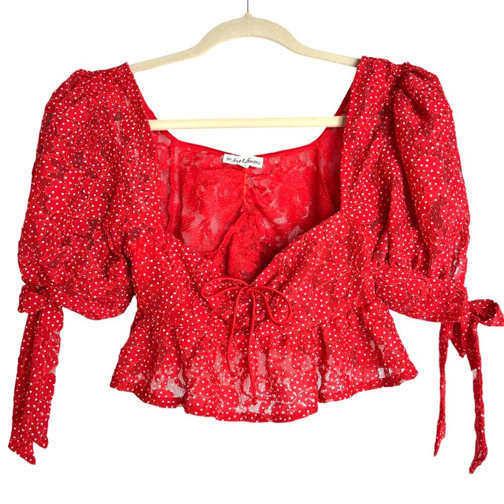 For Love & Lemons Leila Red/White Pin Dot Lace Peplum Crop Top Size XS